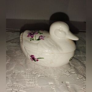 Vintage duck/ goose bone china trinket/stash/jewelry box. Purple handpainted